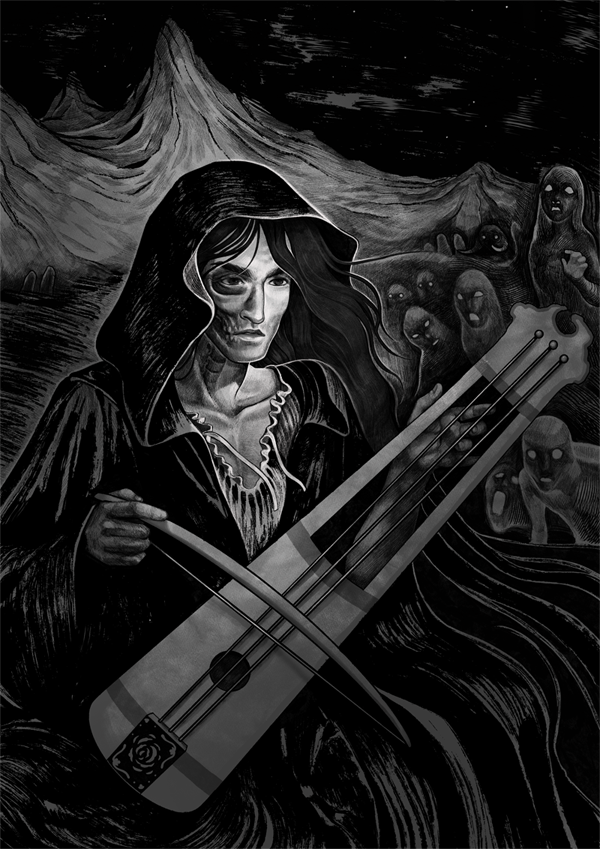 Ilustrace ke Cestám Kabanu — hráč na loutnu obklopený přízraky