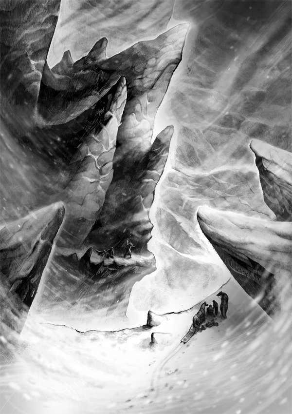 Ilustrace ke Cestám Kabanu — cesta zasněženým pohořím Bleine